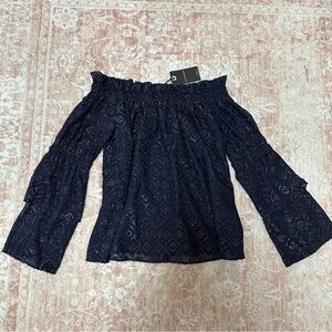 NWT Lucky Brand Off-Shoulder Metallic Patterned Balloon Sleeve Top